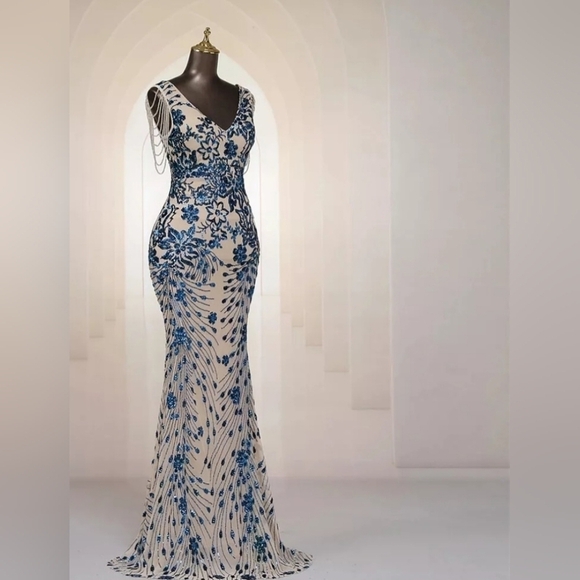 Blue, Floral Print, V Neck,  Beaded Draped Sleeves,  Sequined Mermaid Go… - Picture 10 of 12